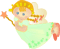 Pixelated angel figure with blonde hair, blue eyes, and light green dress holding a star-topped wand that changes color between orange and green.