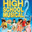 A static image featuring a 'High School Musical 2' promotional graphic with characters and red text on a blue background.