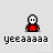 Pixelated red-shirted figure with white skull face, black splatter effects, and repeated 'yeaaaaaa' text below on light gray background.