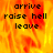 A static image with a fiery orange-yellow background displaying three lines of pixelated text: 'arrive', 'raise hell', and 'leave'.