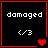 Four identical black square with red borders display 'damaged' text, '/3', and heart symbols that change from one to two to three hearts
