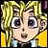 Pixelated anime-style character with blonde hair and large eyes, wearing yellow clothing against a black background with white text.