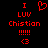 Red pixelated text and symbols on black background: 'I', heart, 'LUV', 'Chistian', '!!!!!', '<3' arranged vertically.