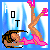 Pixelated image of a woman in pink lingerie lying on her back with legs raised, against a blue and white striped background.
