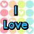 Pixelated text phrases in blue, pink, green, and orange over a polka-dot background with heart symbols.