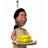 Animated character with dark hair in a ponytail holds a white plate of yellow stacked items against a plain background.