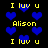 Pixelated yellow text and blue hearts on black background, repeating 'I luv u' and 'Alison' with heart symbols replacing 'love' and 'u' in a static pattern.