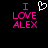 Pixelated text 'I LOVE ALEX' in bright pink with a white heart symbol above the word 'LOVE', displayed on black background.