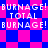 Pixelated text repeats 'BURNAGE! TOTAL BURNAGE!' across a blue and pink checkered background with diamond-shaped patterns.