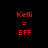 Red pixelated text 'Kelli = BFF' appears in four distinct arrangements across a black background with white rectangular overlays.