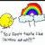 Pixelated yellow sun with arms and legs stands left of a white cloud holding a rainbow arc on white background.