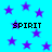 A static image with a bright cyan background filled with purple stars and four instances of the word "SPIRIT" in black pixelated text.