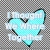 Animated icon with four showing text and heart symbols transitioning from blue to red, then to cartoon characters and a green heart