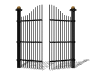 Animated sequence of a black metal gate with vertical bars and golden spherical finials, transitioning from fully open to closed states