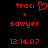 Red pixelated text and symbols on black background, with one version showing a heart symbol replacing the 'i' in 'traci'.