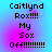 Pixelated text on a blue-to-pink gradient background with four identical showing 'Caitlynd Rox!!! My Sox Off!!!!!!!!!!' in black block letters