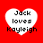 Four white heart shapes on a red background, each containing black text reading "Jack loves Kayleigh" with varying pixelation levels.