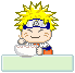 Pixelated character with spiky yellow hair and blue headband eats from white bowl in multiple poses.