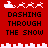 Red background with white pixelated reindeer and sleigh icons above black text reading "DASHING THROUGH THE SNOW" in two