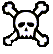 Pixelated skull and crossbones icon with black outlines, white bone areas, and subtle blue/purple pixel artifacts on a plain background.