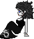 Pixelated character with voluminous dark hair, black dress, and high-heeled shoes in two side-by-side poses showing different facial expressions.