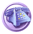 A blue rotary telephone with yellow and white buttons inside a purple circular frame on a gray background.