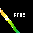 Pixelated rainbow gradient line with white star-like shapes, positioned diagonally across black background next to 'ANNE' text in three locations.
