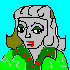 Pixelated character with gray hair and green eyes wears green top with red accents; background shifts from solid blue to gray across frames.