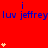 Red background with blue text 'luv jeffrey' repeated horizontally and animated pink hearts in vertical