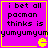 Four identical purple squares with yellow borders display black text and a Pac-Man icon, each containing the phrase "i bet all pacman thinks is yumyumyumyumyumyum".
