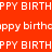 Pixelated text 'HAPPY BIRTHDAY' in white on red, brown, black, and dark red backgrounds with alternating lowercase 'happy birthday' text below.