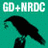 Green background with white text "GD+NRDC" above a black bird silhouette holding an object, next to three green tree silhouettes on white background.