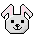 Pixel art bunny head with pink inner ears, black square eyes, and a smiling mouth on gray background.