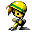Pixelated 8-bit animated contact sheet showing two frames of a running character with yellow helmet, green stripe, and black-and-yellow outfit against gray background.