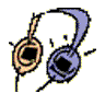 Animated sequence of stylized headphones with purple and orange earcups, black centers, and yellow accents on a gray background.