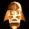 Animated sequence of a metallic helmet with glowing visor details, showing rotation from front to side views against black background.