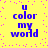 Yellow background with scattered pink dots and blue text reading "u color my world" in four identical
