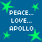 Blue background with green stars and repeated white text reading PEACE... LOVE... APOLLO in four quadrants.