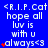 Blue background with white text reading '<R.I.P.Cat> hope all luv is with u always<3' and red star symbols, animated to increase star count from 1 to 5 per repeated text block.