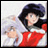 A pixelated anime-style character in a red and white outfit with dark hair, next to stylized text on a black background.