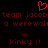 Red pixelated text and symbols on black background: heart symbol above repeated phrases 'team jacob', 'a werewolf', and 'kinky :)'.