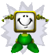 A green robot with a square yellow head and smiling face displays multiple poses including arms raised, side views, and turned heads against a gray background.