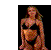 A woman in a black bikini poses against a solid background, shifting her stance and arm positions
