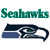 Green pixelated text reading 'Seahawks' above a dark blue and white football helmet with a green eye detail on the side.