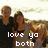 Two pixelated figures stand side-by-side against a bright background with text overlay reading 'love yo both' in white block letters.