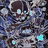 A pixelated animated icon shows a skull with glowing eyes and red accents against a dark background, transitioning to a lighter version with scattered blue and red elements.