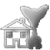 Pixelated grayscale icon shows a house with a funnel-shaped tornado emerging from its roof, set against a plain gray background.
