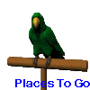 Green parrot with yellow beak perched on brown wooden post, blue text 'Places To Go' below, multiple poses showing wing and head movements.