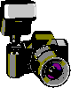 Two pixelated digital cameras side-by-side; left camera has white flash, right camera has yellow flash with small yellow lines indicating flash emission.
