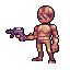 Pixel art character in orange armor holding purple gun, shown across with progressive size reduction and pose adjustments